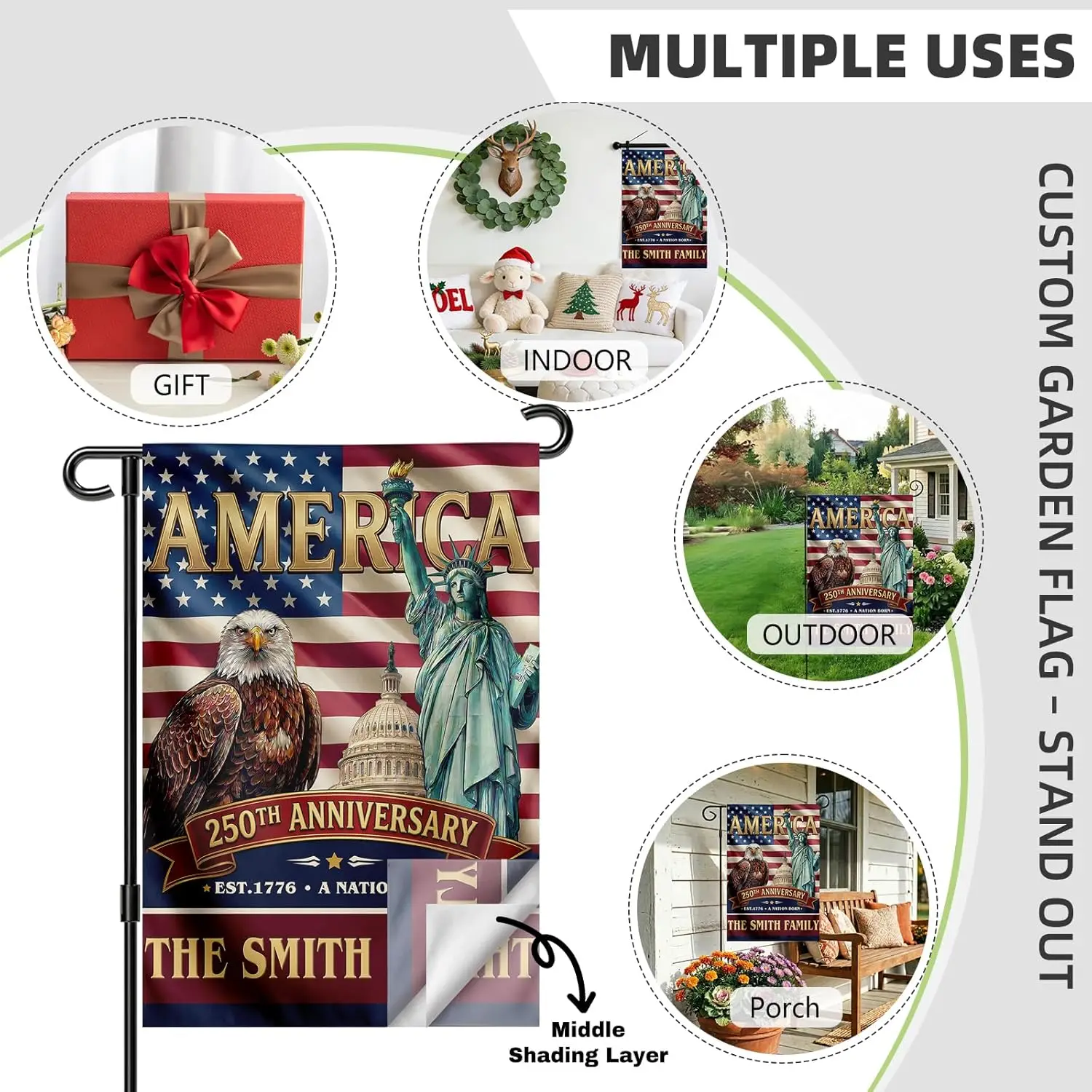 Custom 250 Anniversary USA Garden Flag with Family Name, American Patriotic Eagle & Statue of Liberty Banner for Outside AAM - view 5