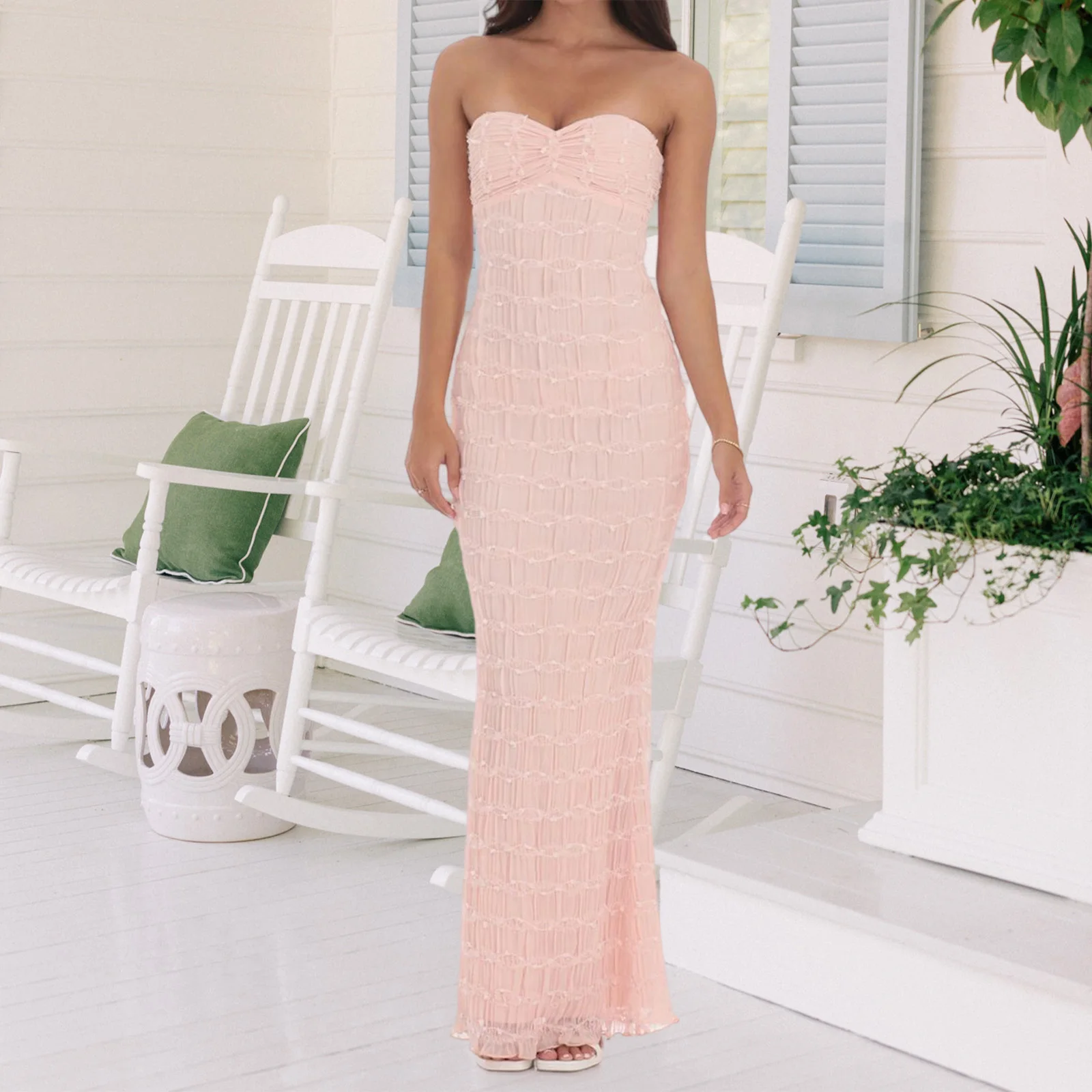 Neue Frauen Lange Rohr Top Kleid Solide Jacquard Off Schulter Ärmellose Geraffte Vorne, Figurbetontes Kleid Für Party Club S-XL