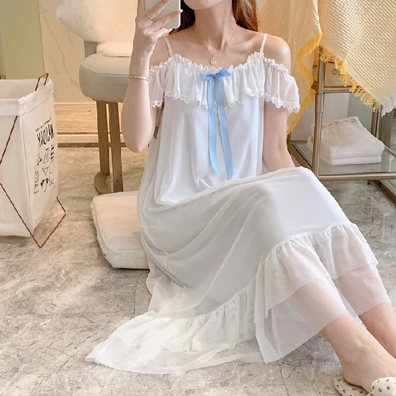 

Court Style Home Dress Women Fairy Mesh Sleepshirt Sexy Lace Nightgown Off Shoulder Homewear Kawaii Sleepwear Long Nightwear