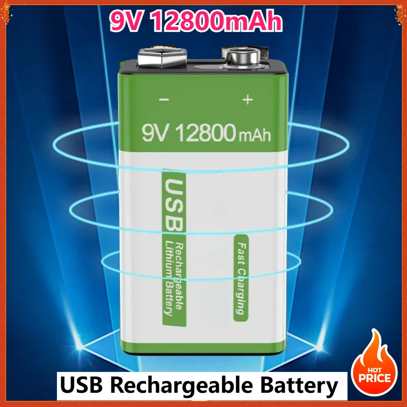 9V 12800mAh Li-ion Rechargeable Battery Type-C Battery 9V USB Lithium for Multimeter Microphone Toy +USB Charging Cable Bateria