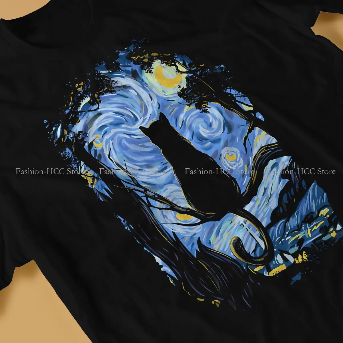 Van Gogh Starry Night Fashion TShirts Black Cat Male Style Fabric Streetwear T Shirt