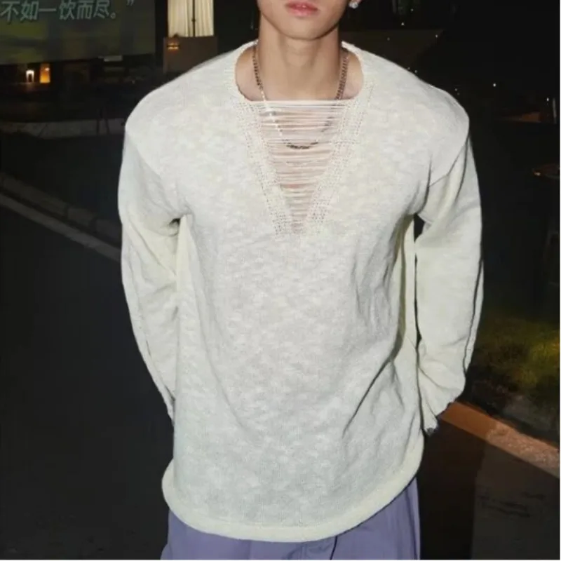 

Spring and Autumn Hollow Sweater Men's Solid Color Deep V Lazy Style Pullover Sweater Thin Destructive Design Top