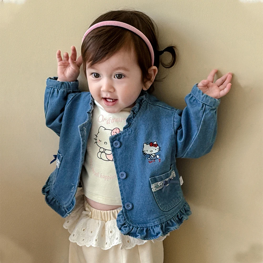 

Hello Kitty Baby Girl Denim Jacket 2025 Autumn New Toddler Sweet Cartoon Embroidery Bow Jean Coat Children's Clothing Casual Top