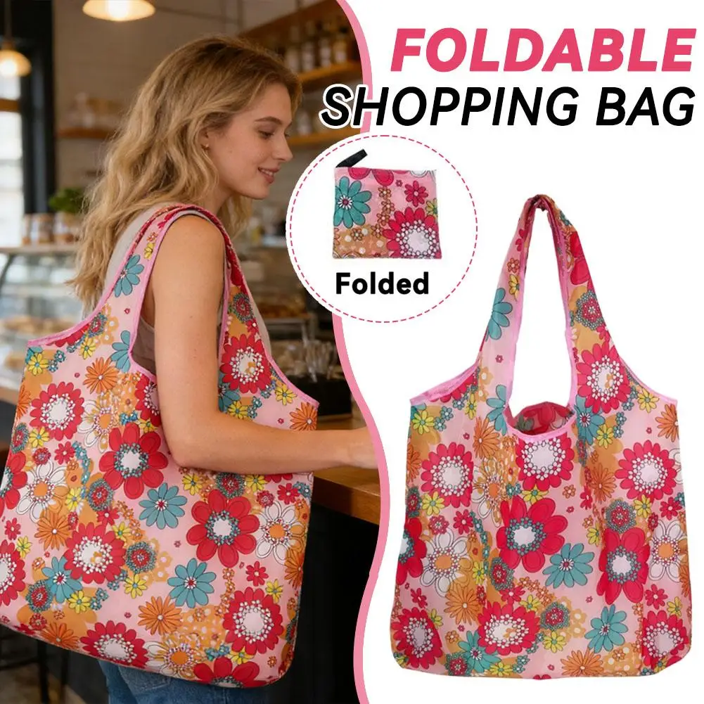 Foldable Grocery Bag 2Pcs Portable Nylon Shopping Bag with Attached Pouch Water-Resistant Shoulder Tote Washable Reusable Bag - view 3