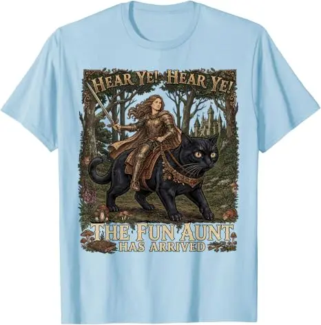 Mittelalterliche Renaissance Ritterkatze Lustige Tante Kleidung Vintage T-Shirt Lustiges „Hört ihr, hört ihr, die lustige Tante ist angekommen“ Ritterkatze T-Shirt – Detail 18