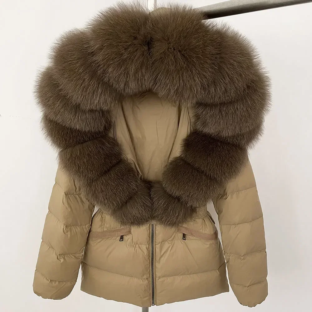 Großer echter Fuchs Pelzmantel 2024 Winter Puffer Jacke Gürtel elegante warme 90% weiße Enten Daunen jacke weibliche V-Ausschnitt Natur pelz jacke
