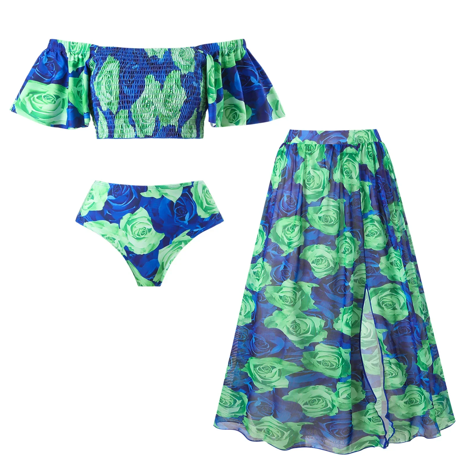 

Купальник с открытыми плечами и высокой талией, комплект из 3 предметов, бикини + юбка, пляжные брюки, женские 2024, бикинис, пляжный купальный костюм, летние купальники