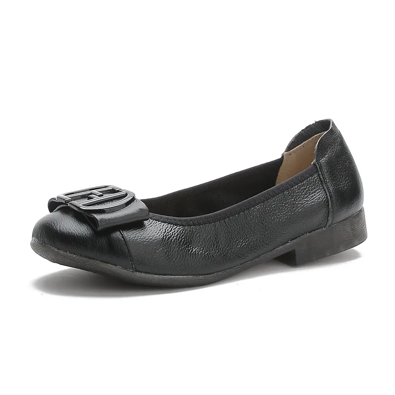 Women Ballet Flats Shoes Women Genuine Leather Rhinestone Buckle Fashion Round Toe Shoes Woman Soft Comfortable Elegant Loafers