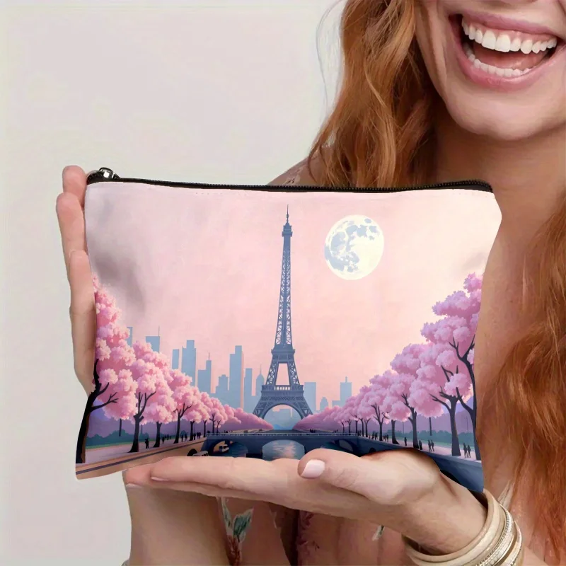 A Eiffel Tower distant view pattern design makeup bag- multifunctional zipper pouch, jewelry storage bag, perfect travel zipper
