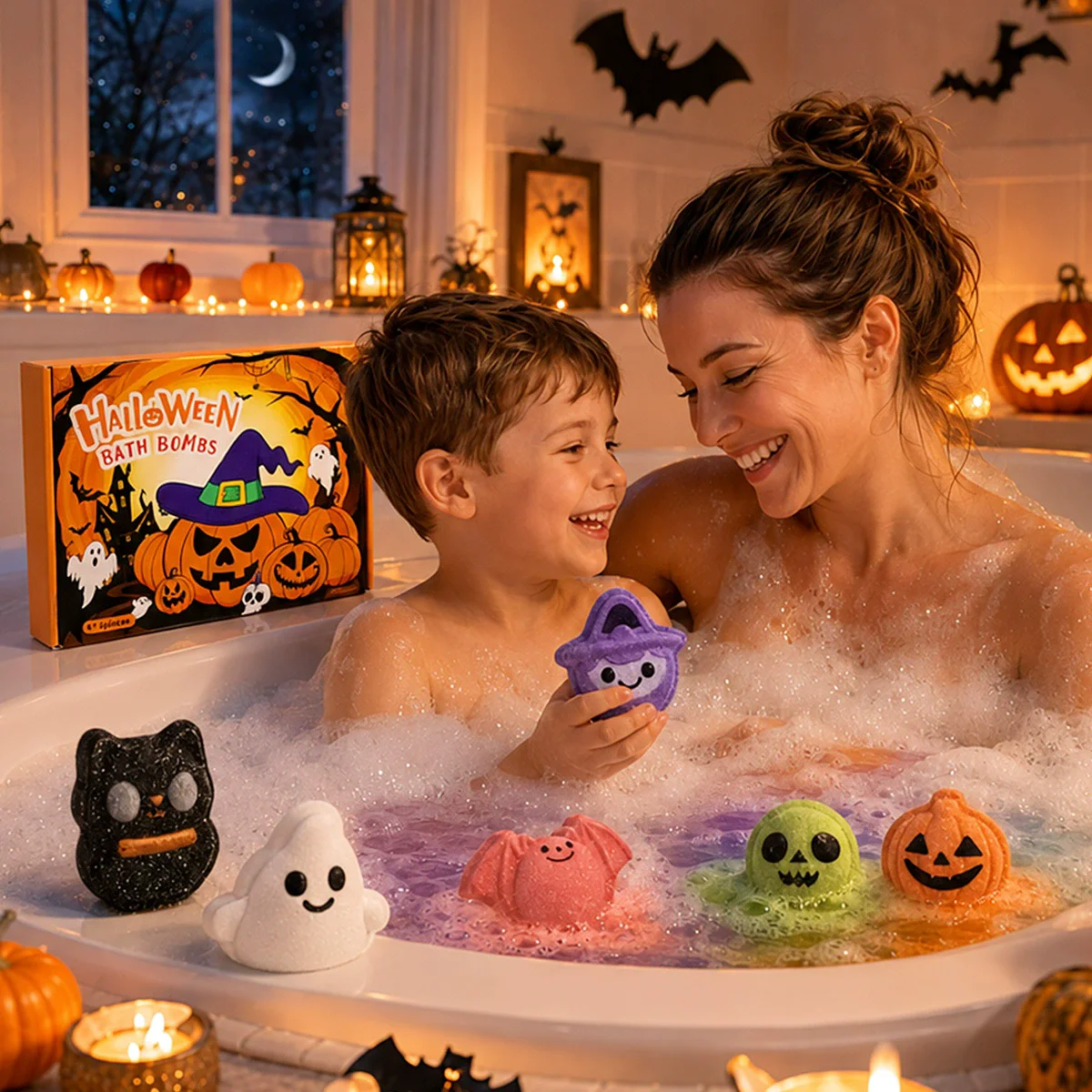 6個入り-箱-ハロウィンバスボムギフトセット-面白い形のバスソルトボール-フルーティーな香りの発泡スパバスボム-ハロウィンノベルティギフト