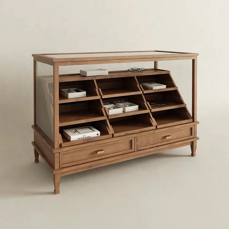 Elegant Drawer Chest Wooden Display Cabinet Island Counter Custom Boutique Garment Clothing Shoes Stand Rack for Clothes Store