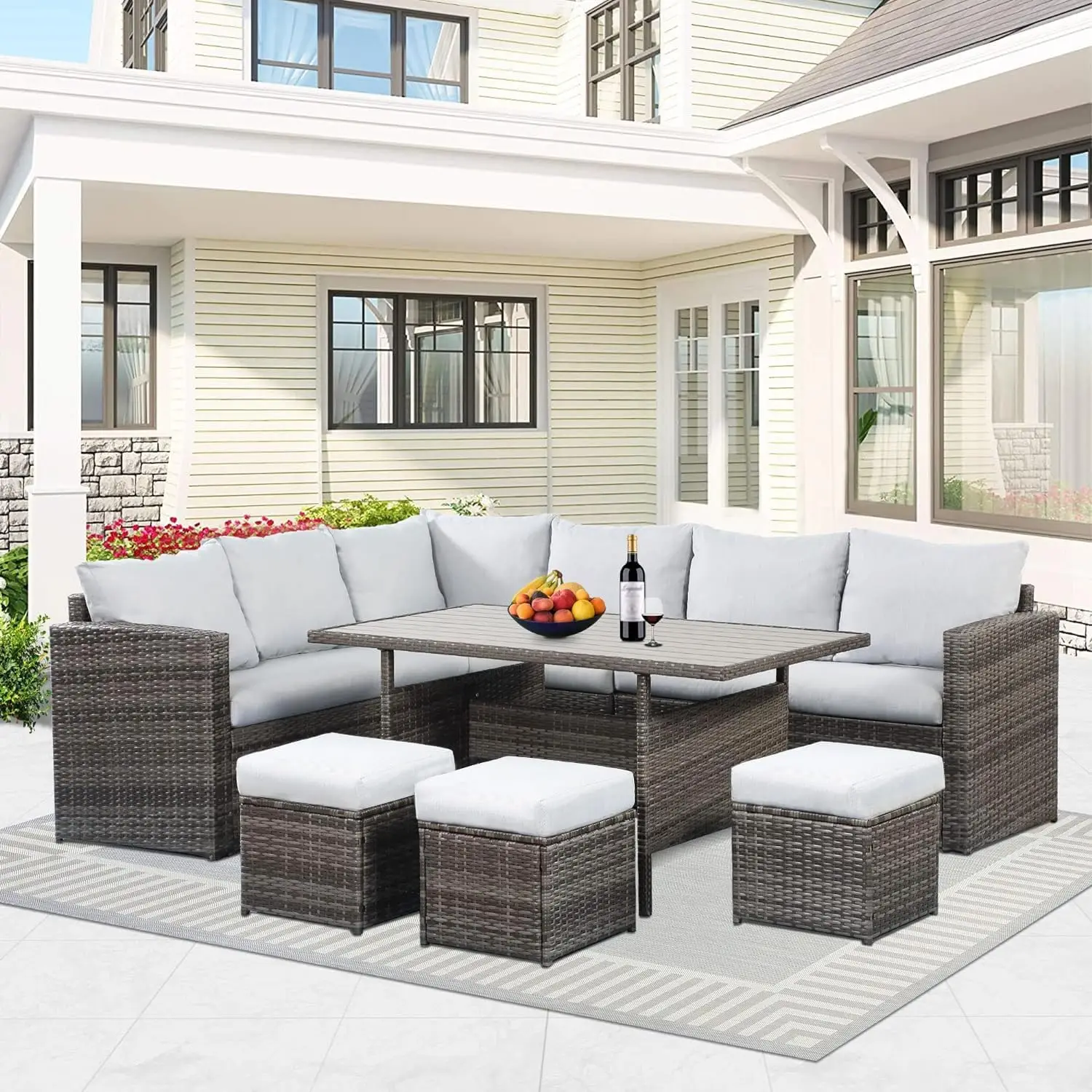 7 Piece Patio Furniture Set, All Weather Wicker Patio Conversation Sets with Cushion Seat & Pillows, Outdoor Dining Set