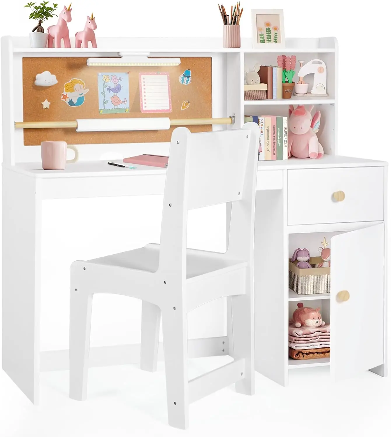 Kids Desk and Chair Set, Kids Study Desk with Night Light Drawing Paper Roll, Hutch & Storage Cabinet, Child's Table-Student Writing Art Table Widened Desktop Computer Workstation for 5-12