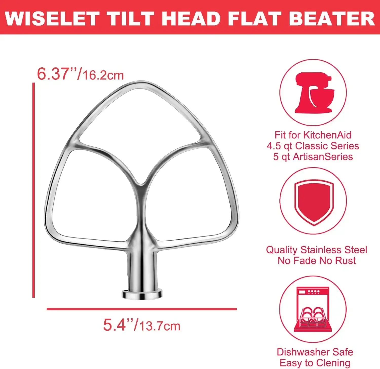 For KitchenAid 4.5-5QT Stand Mixers Stainless Steel Flat Beater Accessories Replacement for KitchenAid Mixer Attachments
