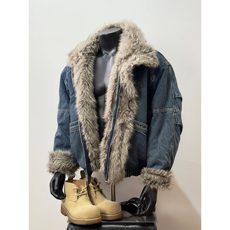 

Madwitch Retro Deconstructed Short Jacket with Fleece And Denim Cotton Coat for Men And Women Winter Warm Outerwear