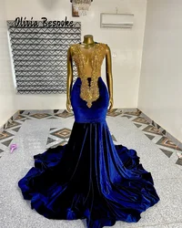 Fascinating King Blue Prom Dresses Luxury Black Girls 2025 Gold Beaded Rhinestones Mermaid Cocktail Gown For Special Customized