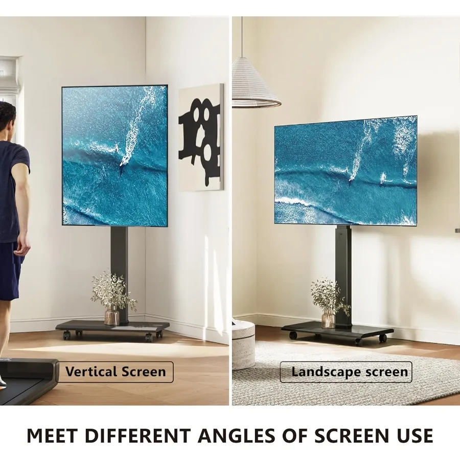 عربة تلفزيون متنقلة محمولة على عجلات لأجهزة التلفاز مقاس 32 إلى 65 70 75 بوصة في المناظر الطبيعية وتوجيه الصورة مع 40 لضبط ارتفاع دوار