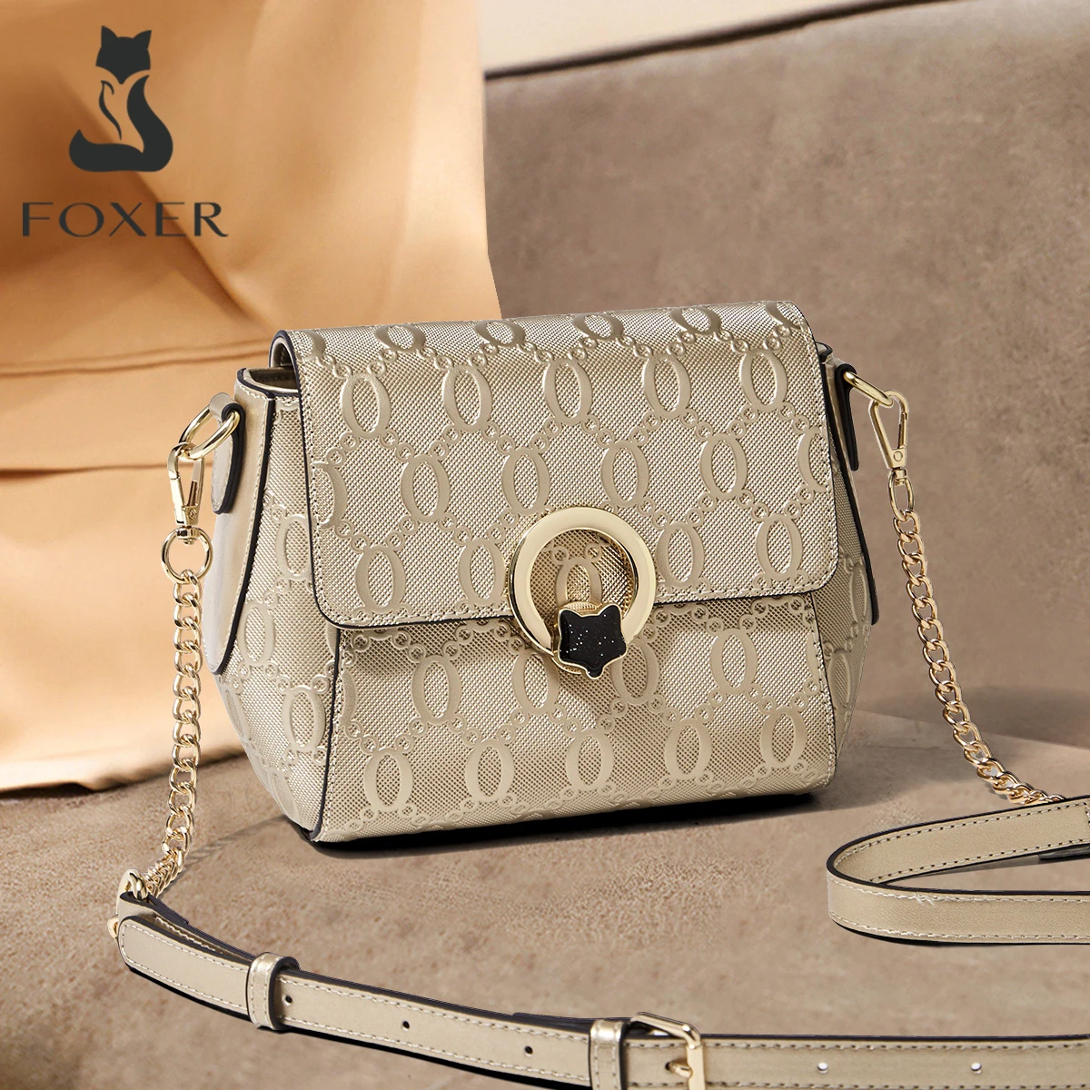 Sac à bandoulière de luxe FOXER pour femme en cuir de vachette, élégant sac à rabat doré pour femme, sac à bandoulière tendance 2026 pour femme