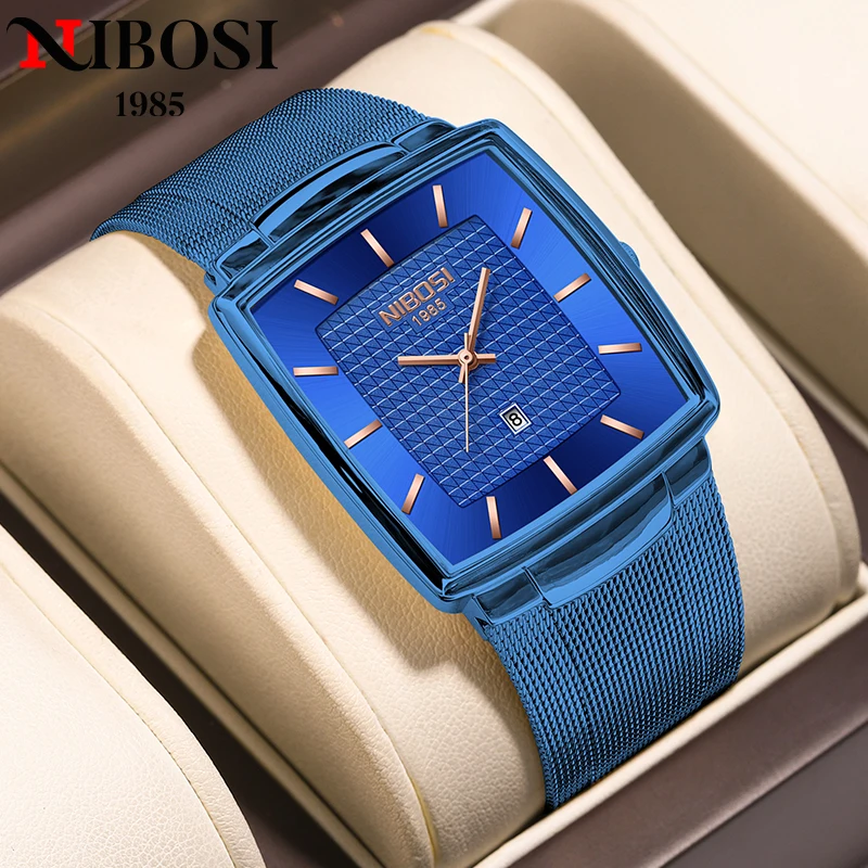 NIBOSI Mens Watches Top Brand Luxury Blue Square Quartz Watch Men Slim Waterproof Golden Male Wristwatch Men