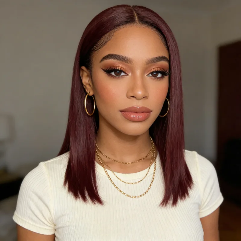 African wig for women, burgundy color, middle-parted short straight hair, medium-long synthetic fiber headpiece
