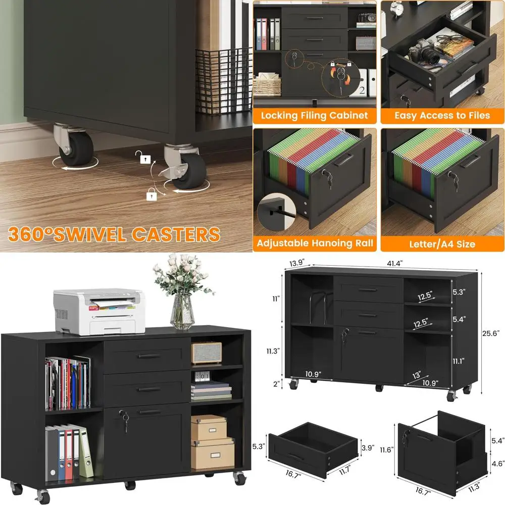 

Мобильный передвижной шкаф для документов с замком, открытыми полками, подставкой для принтера, подходит для документов формата Legal/A4, черный