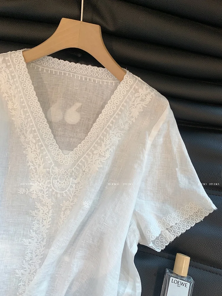 Ele V-Ne Haftowany Koronkowy Wykończenie z Frędzlami, Mieszanka Lnu i Bawełny, Top Wyszczuplający dla Kobiet, Nowość na Lato, Uniwersalny...