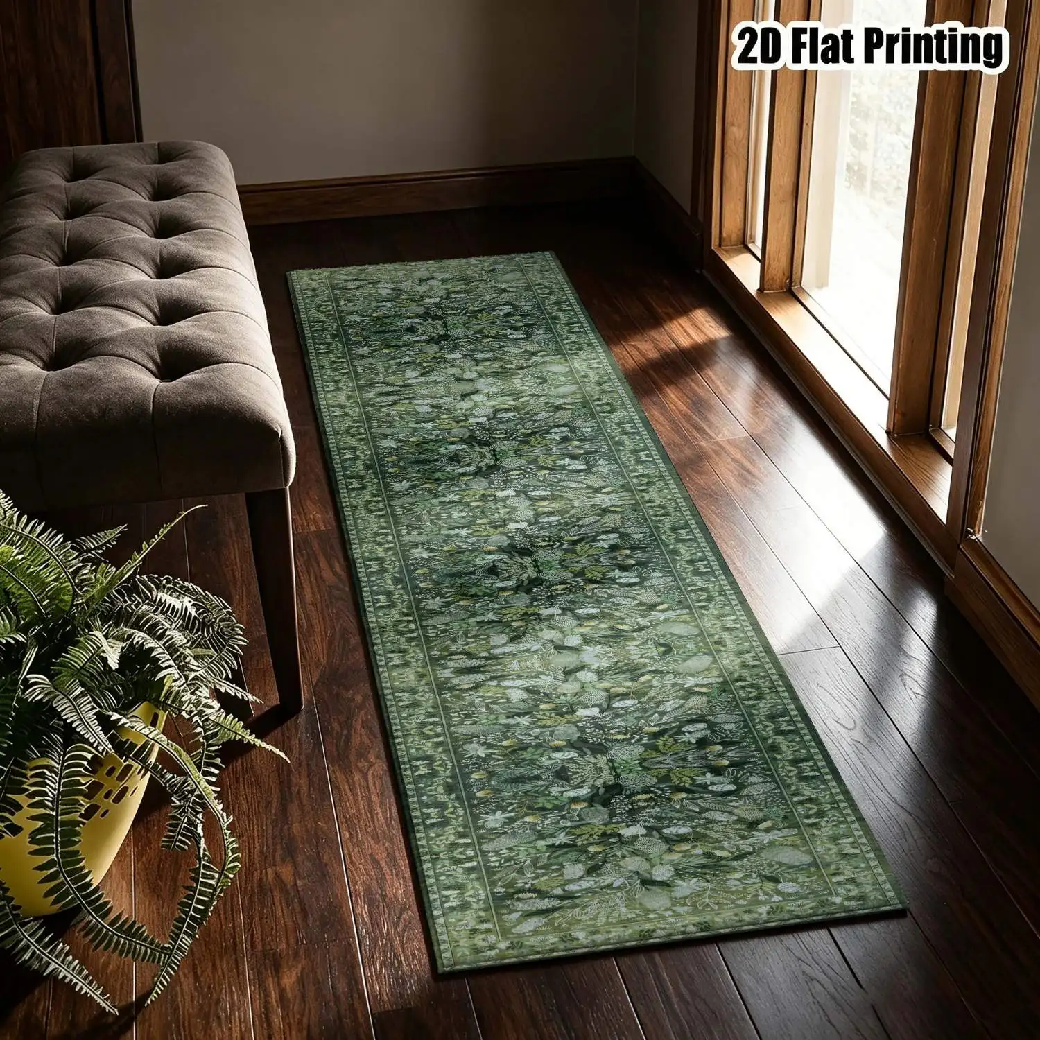 1Pc 2D Printed Long-Strip Runner Rug, Green-Gray Retro Geometric Patterns, European/Bohemian Style, Machine Washable, Multi-Size, for Home Decor, Entryway, Hallway, Bedroom, Kitchen