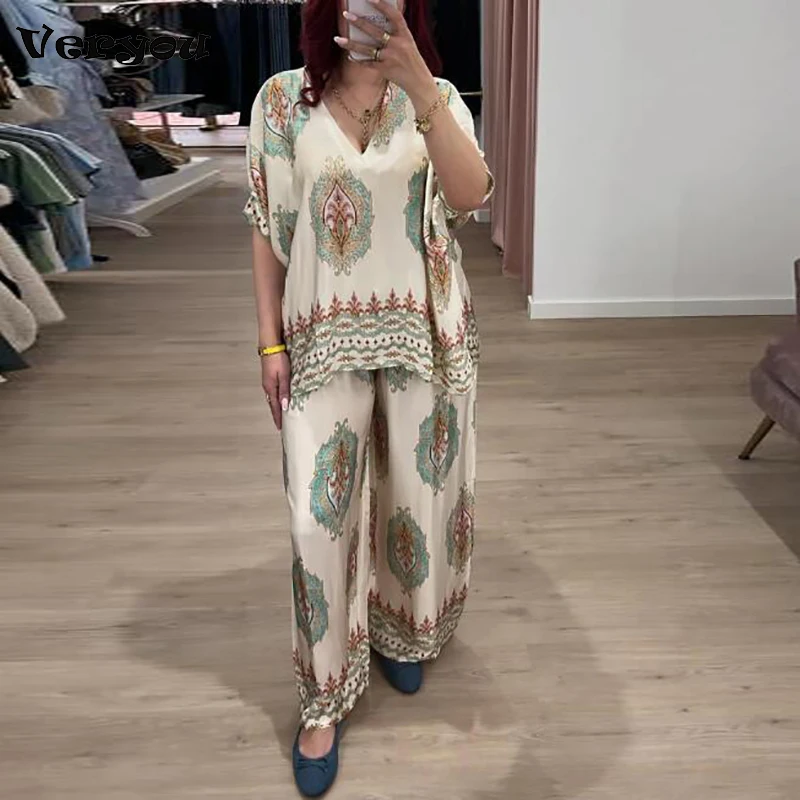 

Vintage Printed Women V Neck Short Sleeve Shirt Loose Wide Leg Pants Suit Female Casual Summer Two Piece Set