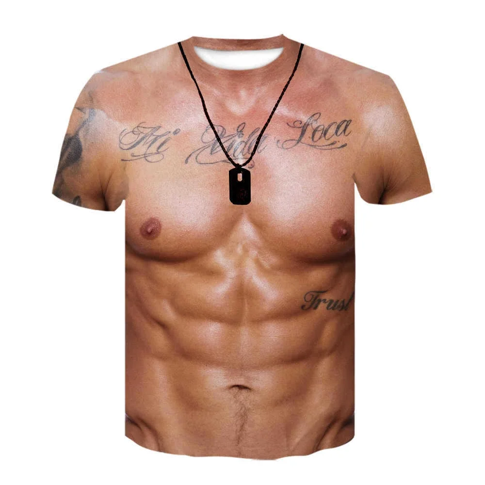 Camiseta de manga corta para hombre, camisa con estampado 3D de músculos en el pecho, Tops básicos divertidos de verano, ropa nueva