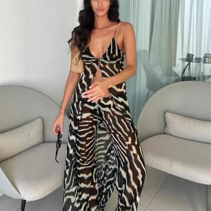 Women Zebra Printed Chiffon 2 Piece V Neck Long Top Wide Leg Pants 2026 Holiday Fashion Irregular Top Pants Set