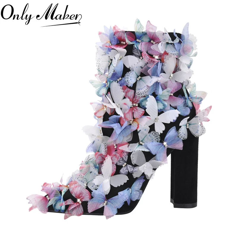 Onlymaker damskie botki szpiczasty nosek Chunky Heel Butterfly Booties buty imprezowe duży rozmiar ręcznie robione buty na zamek błyskawiczny