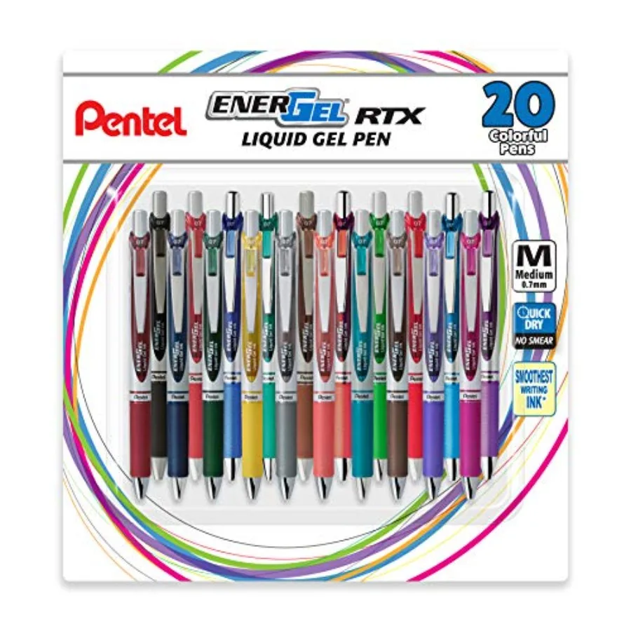 

EnerGel RTX Retractable Liquid Gel Pen 0.7mm Medium Line Metal Tip Assorted Ink Colors 20 Pack (BL77BP20M