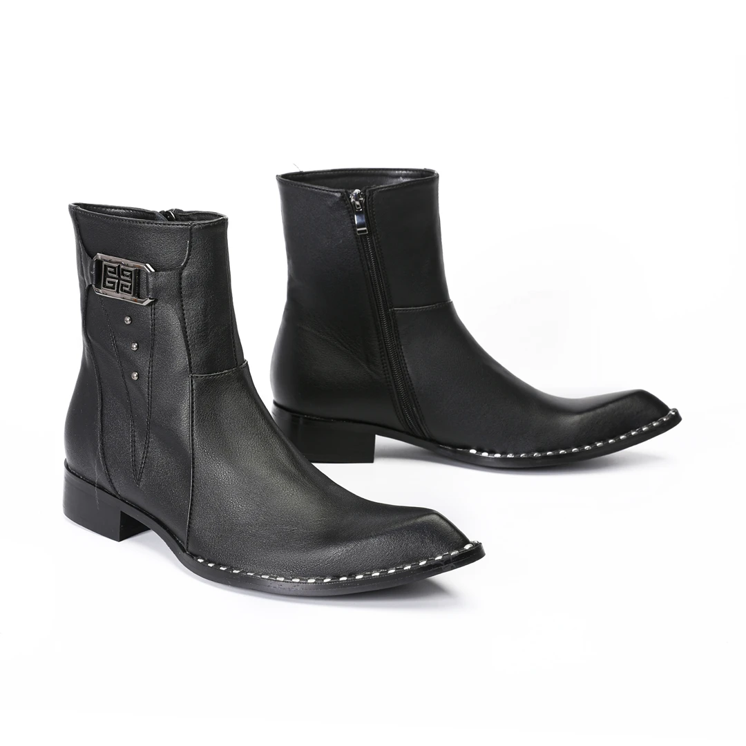 fashion black pointed toe men genuine leather ankle boots man zipper motorcycle short boots male formal business dress shoes view 3