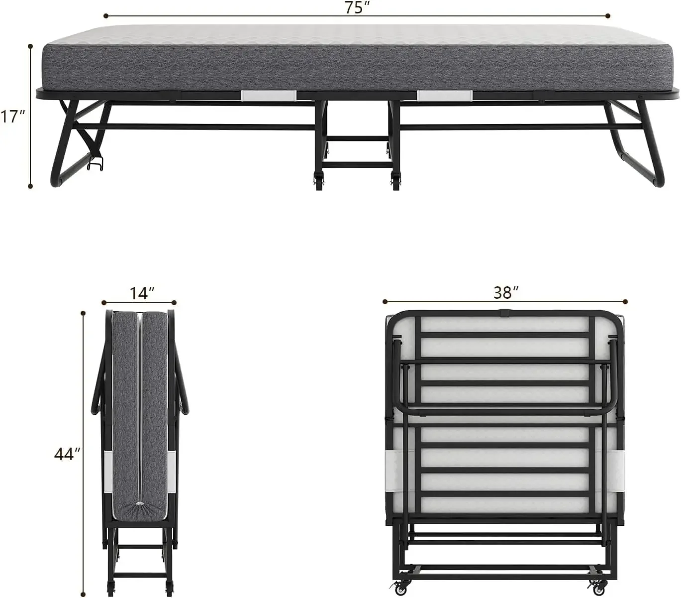 Cama con colchón Cama plegable portátil para adultos para invitados tamaño doble 75x38 pulgadas Estructura de cama plegable de metal con espuma viscoelástica