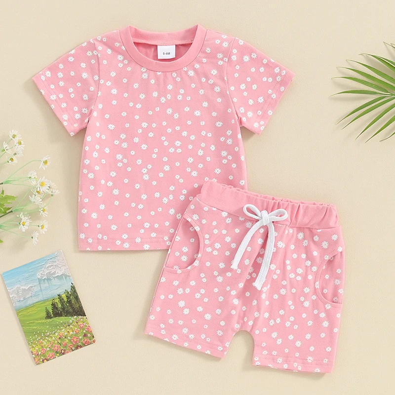 Toddler Baby Girl Summer Clothes Floral Print Outfit Short Sleeve T Shirt Tops and Stretch Jogger Shorts Set