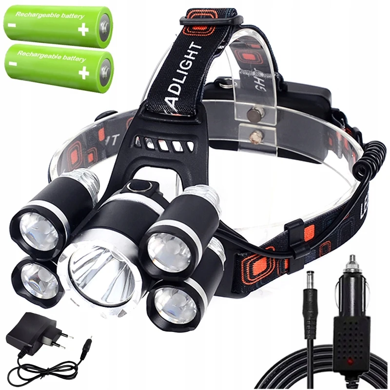 LED-hoofdlamp Oplaadbaar 5x LED CREE XM-L T6 Krachtige hoofdlamp met 2x 18650 Li-Ion 4200 mAh batterij, netstroom- en autolader, IPX5 waterdichte aluminium behuizing, 5 lichtmodi Verstelbare hoofdlamp