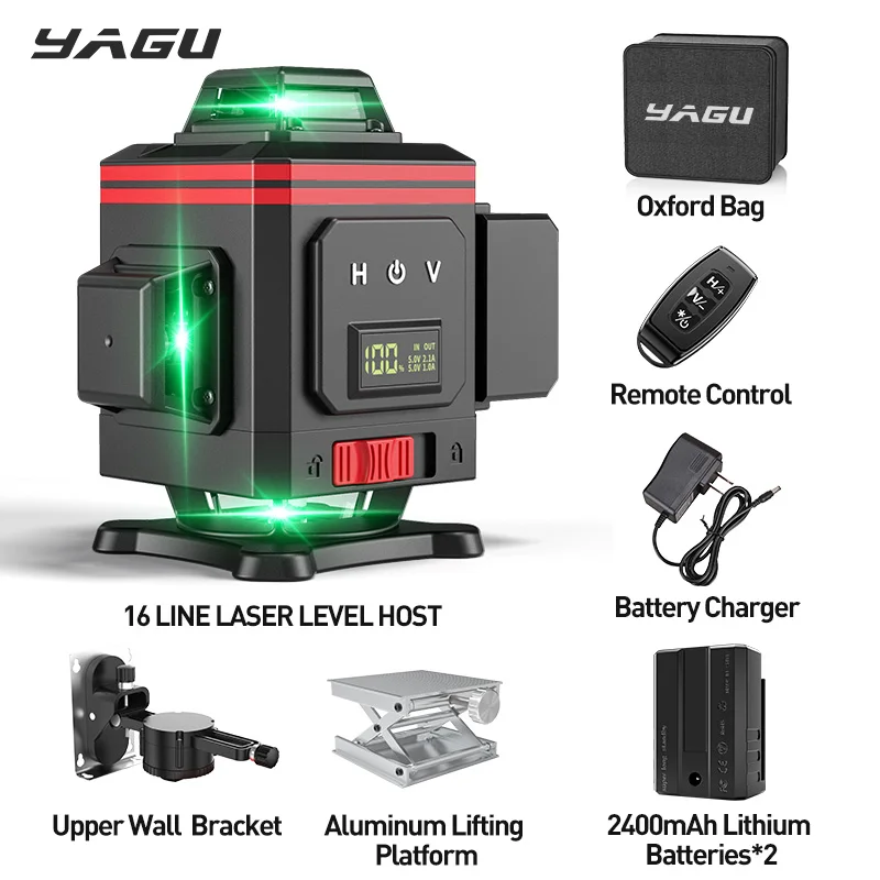 Yagu 12 16 Linhas Laser Nível 4d Infravermelho Nível de Linha Verde Nivelamento Automático 4×360 ° Nível Laser Cruzado Vertical