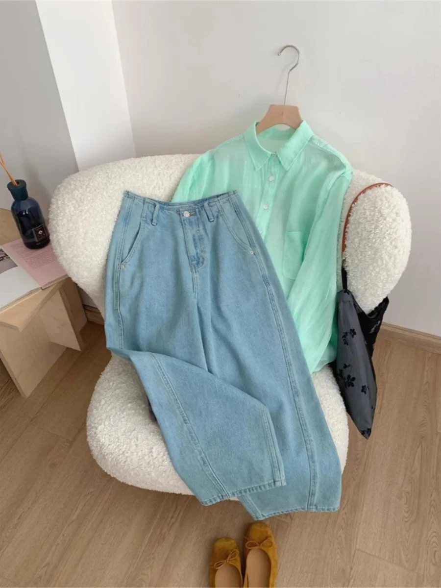 

Summer Thin Ice Silk Dad Jeans Women's High Waist Straight Leg Denim Pants for Pear aped Body Nine Points Bootcut Trousers