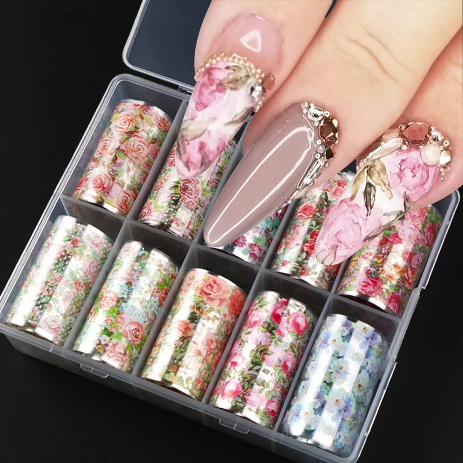 10 Rolls Rose Flower Nail Foil Transfer Sticker Colorful Rose Lace Elegant Design Floral for Spring Wedding DIY Nail Decoration