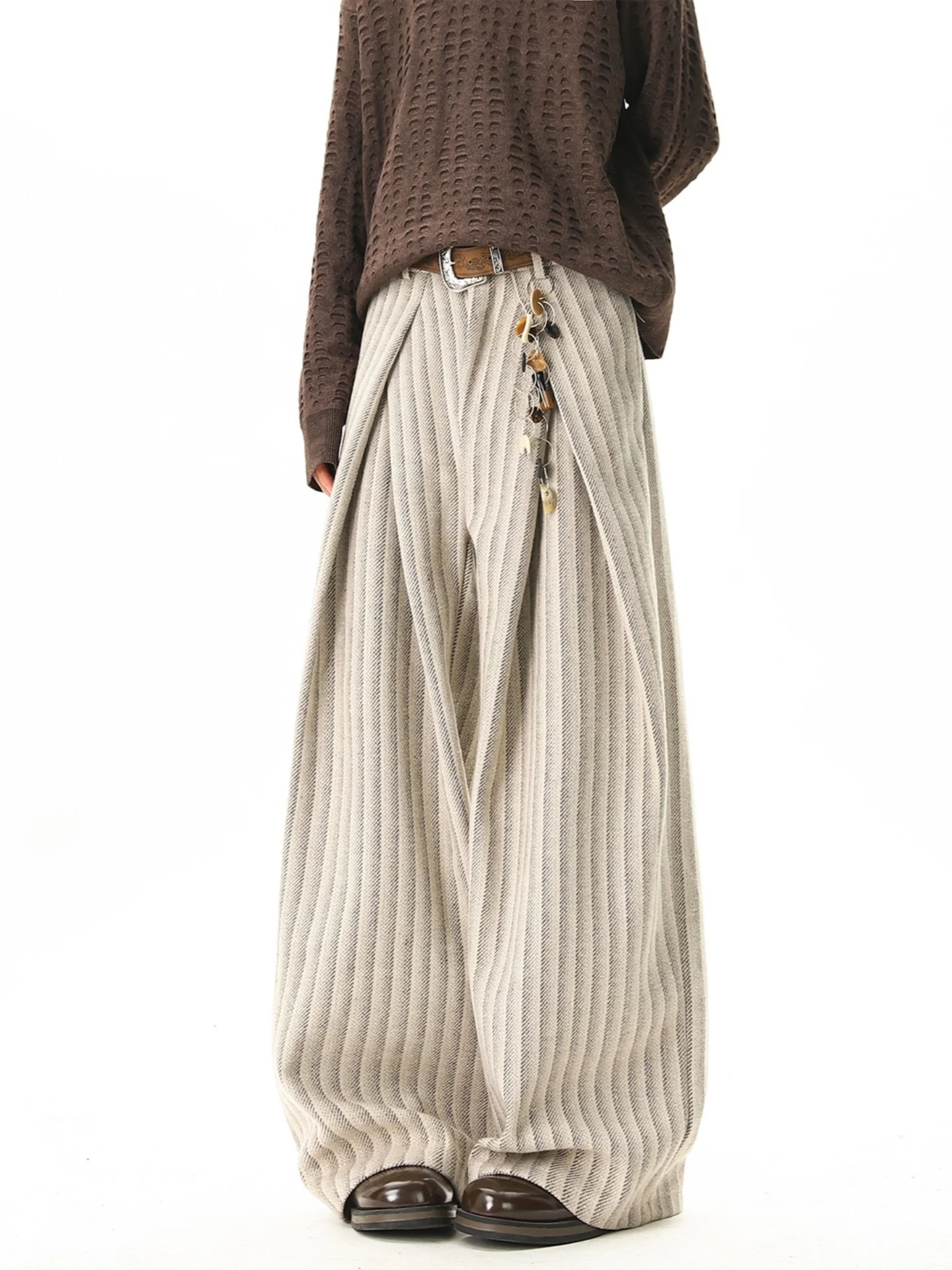 

Retro Pleated Patchwork Casual Pants Men's Winter American Loose Straight Leg Wide Leg Long Trousers Straight Cut Polyester F...