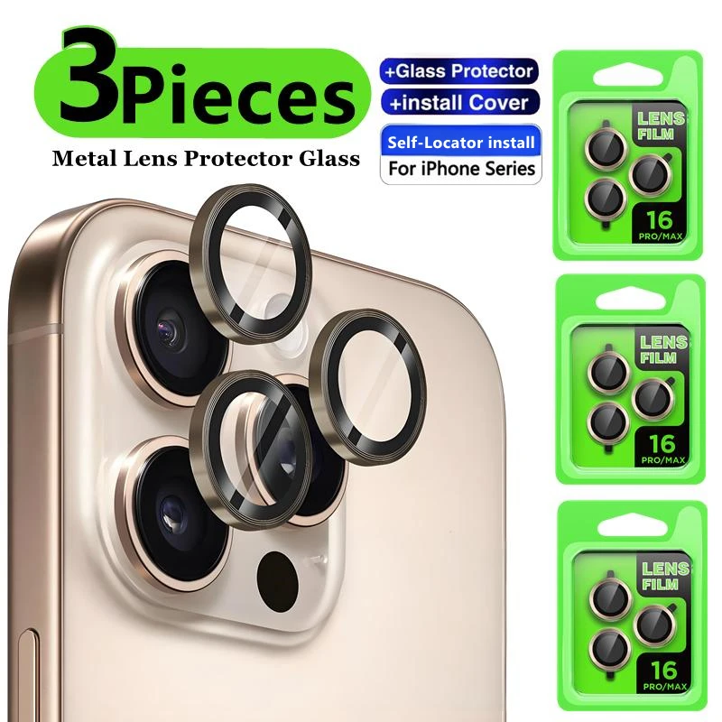 

3Pieces Self-Locator install Lens Metal Protector Glass for iPhone 16 15 14 13 12 11 Pro Max Plus Camera Lens Protection Film