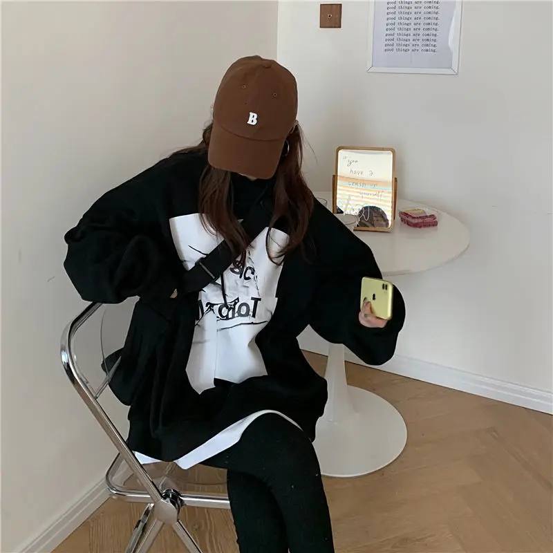 Harajuku Fake Two Pieces Loose Hoodies Sweatshirts Spring Autumn New Long Sleeve Contrast Tops Tees Trend Casual Women Clothing