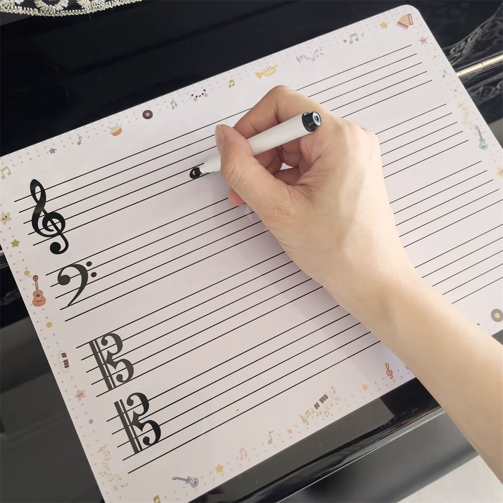 Tablero blanco para personal de música, práctica de teclado, hoja de clave básica de borrado en seco, doble cara con tabla de personal, accesorio de ayuda para enseñanza de clase de Piano
