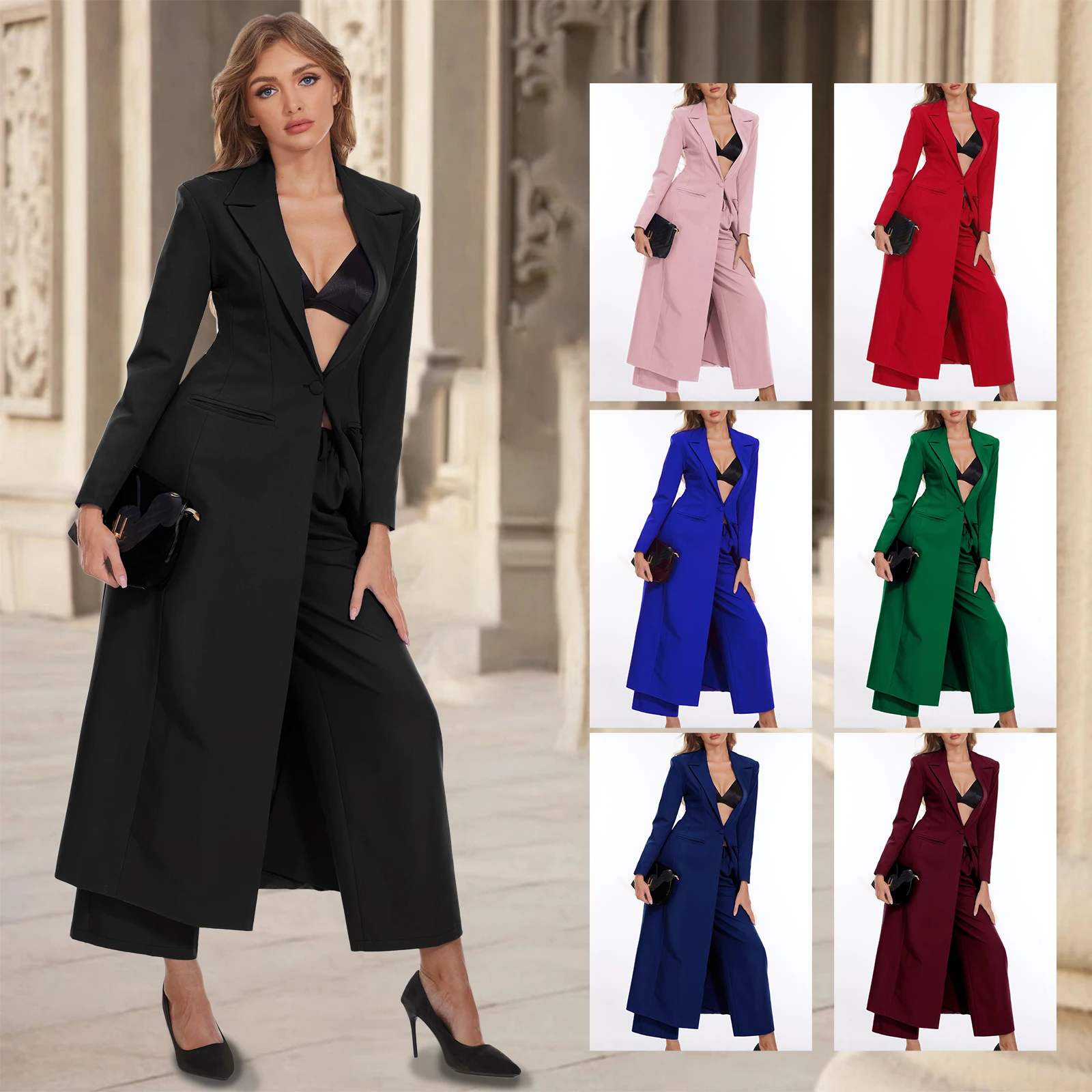 Women Pants Suits 2 Pcs Plus Size Long Blazer Jacket With Pants Wedding Guest Formal Wear Slim Fit