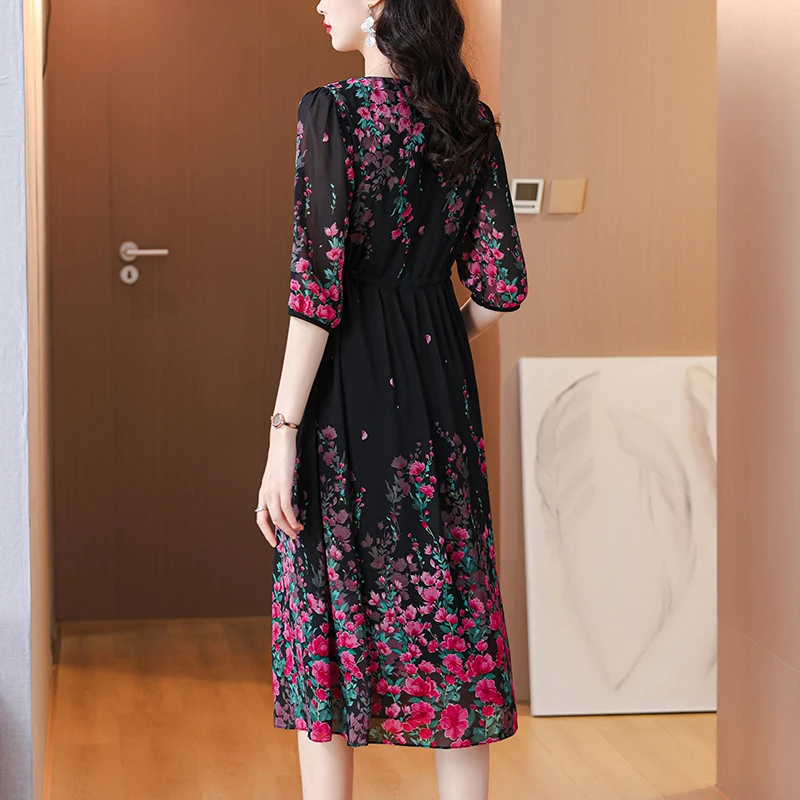 2024 Vintage Black Floral Silk Luxury Midi Dress Women Elegant Bodycon Prom Dress Summer Korean Fashion Party Evening Vestidos