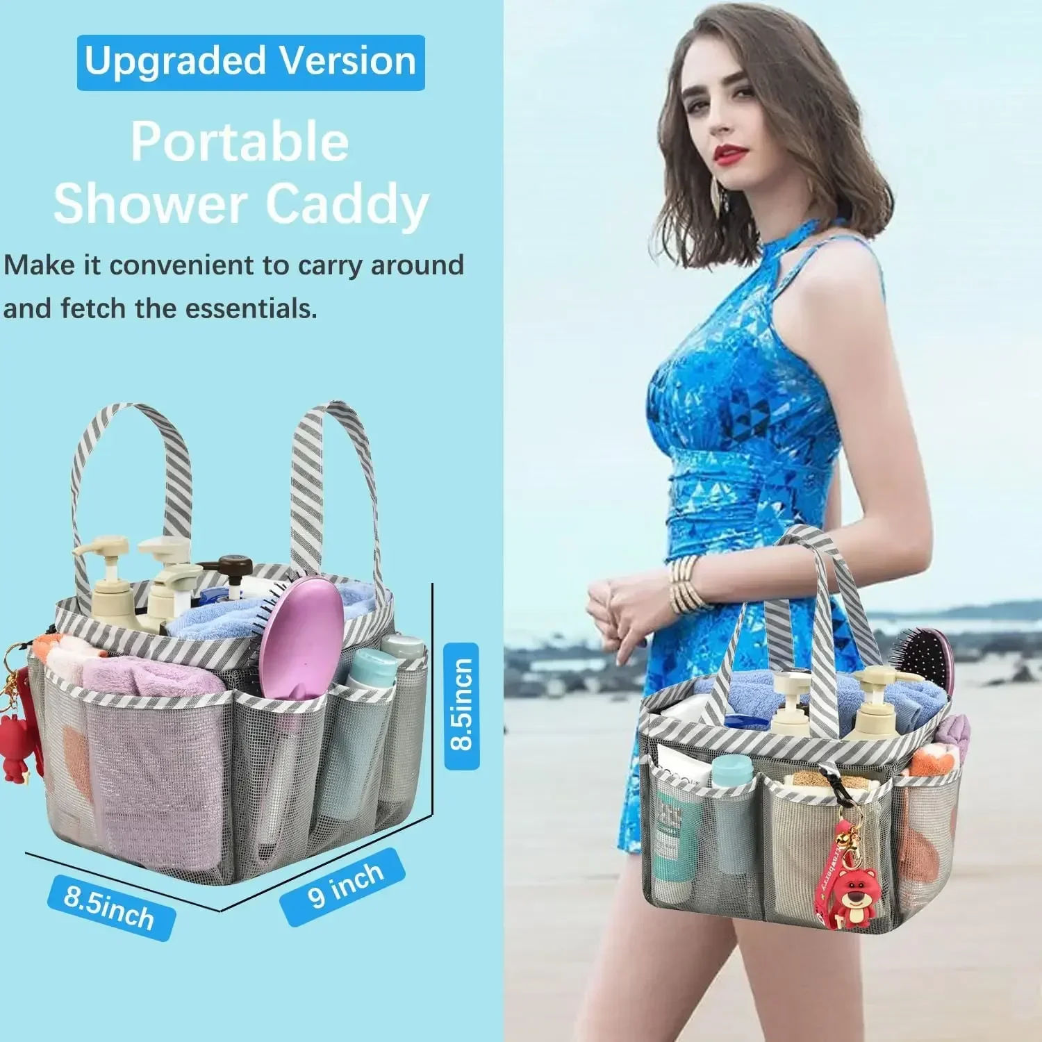 Mesh Shower Caddy Tote, Portable College Bathroom Tote, Quick Hold , 8 Basket Pockets with Key Hook and 2 Oxford Handles