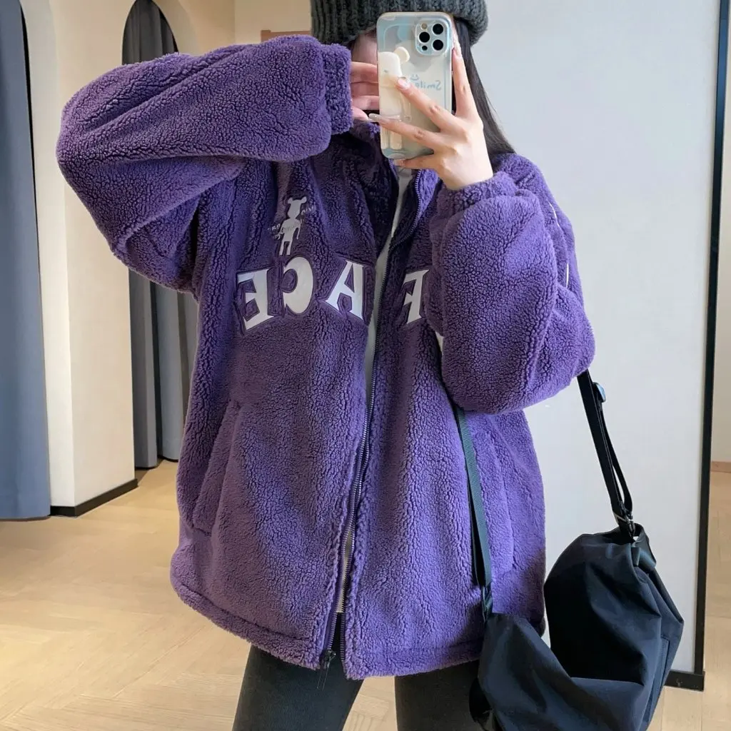 

Warm Fluffy Lamb Wool Coat Stand Collar Foreign-Style Letter Embroidery Channel Goods Autumn Winter Women's Outerwear F101501