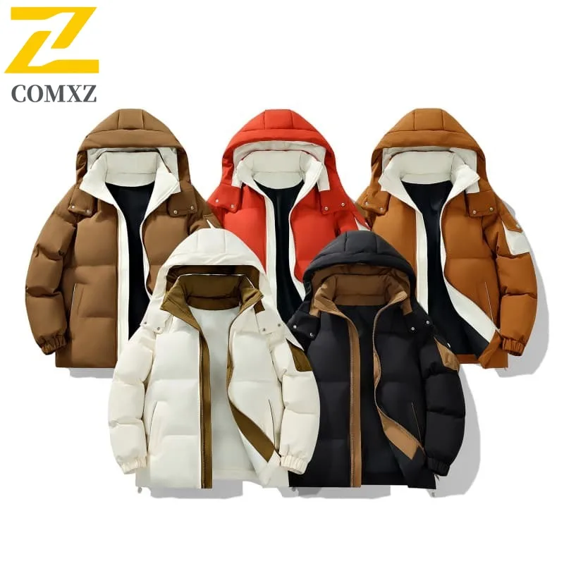 

COMXZ Men Cotton Padded Jacket Korean Style Hooded Thickened Travel Camping Winter Jacket 2025 Snowy Warm Trendy Quilted Jacket