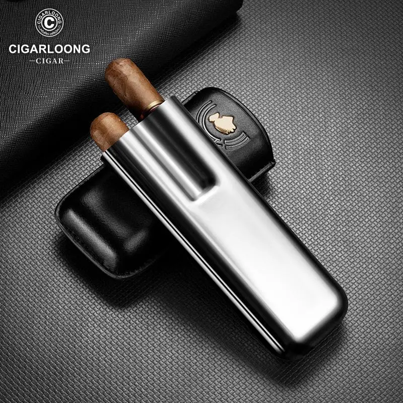 Portable Stainless Steel Cigar Case Travel Cigar 2 Tube Anti-pressure Luxury Cow Leather Humidor Moisturizing Cigar Accessories