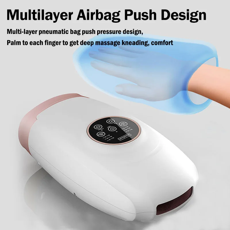 

Wireless heated finger-stretching electric hand massager with separate finger massage airbags for kneading hand massage.
